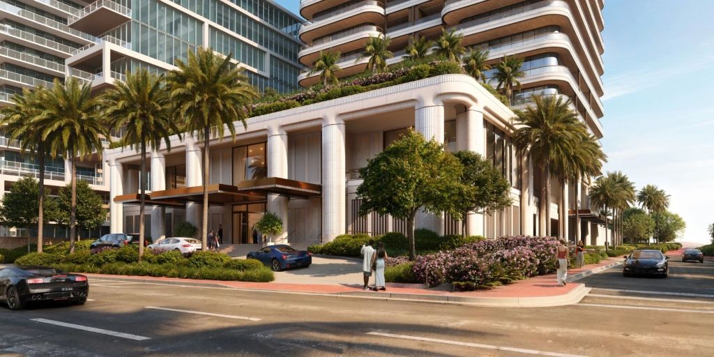 Rendering of the upcoming Casa Cipriani Miami, showcasing a modern 17-storey tower with elegant architecture, landscaped entry, and luxury vehicles parked outside.