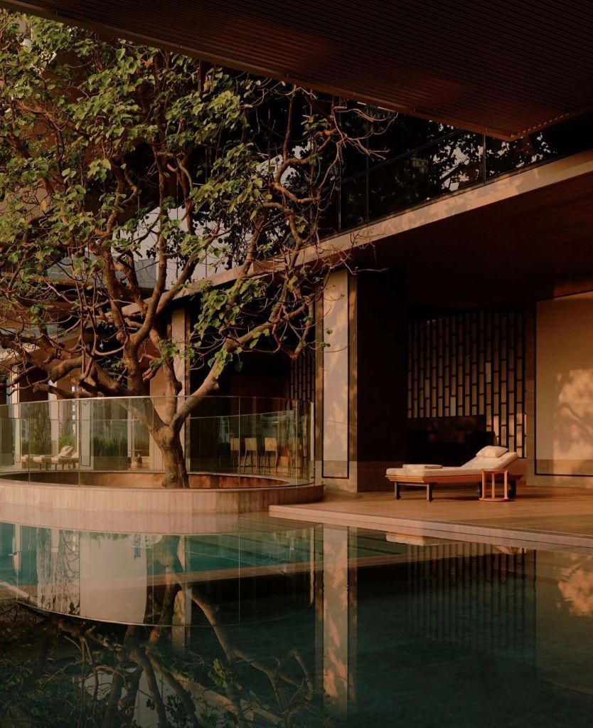 A serene outdoor area featuring a large tree and a reflective swimming pool, with modern architectural elements and natural materials, in a luxurious hotel setting.