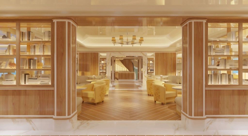 Elegant interior of a yacht restaurant featuring wooden paneling, comfortable seating, and large windows with a view of the sea.