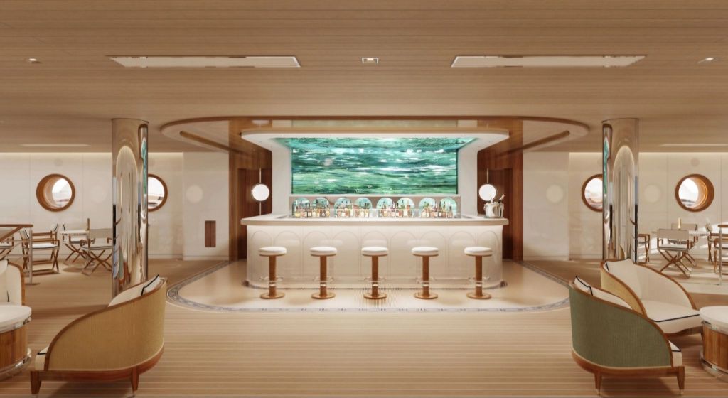 Luxurious yacht bar interior featuring elegant seating, a modern bar with a luminous backdrop, and circular windows showcasing the ocean view.