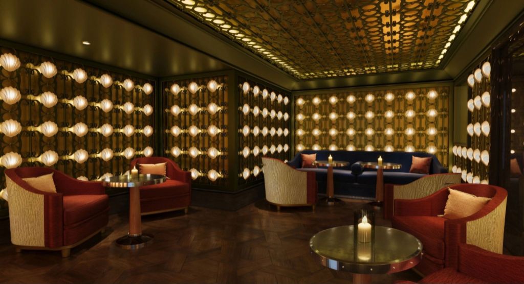 Elegant lounge interior featuring plush seating, ambient lighting, and stylish decor, creating a luxurious atmosphere for social gatherings.