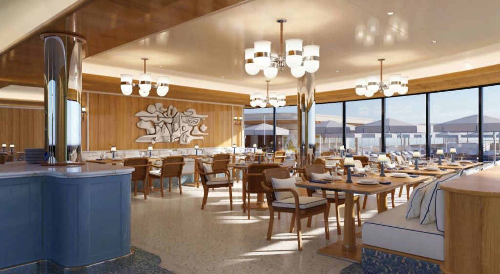 Interior view of a luxury restaurant showcasing elegant wooden furniture, stylish lighting fixtures, and large windows with a scenic outdoor view.