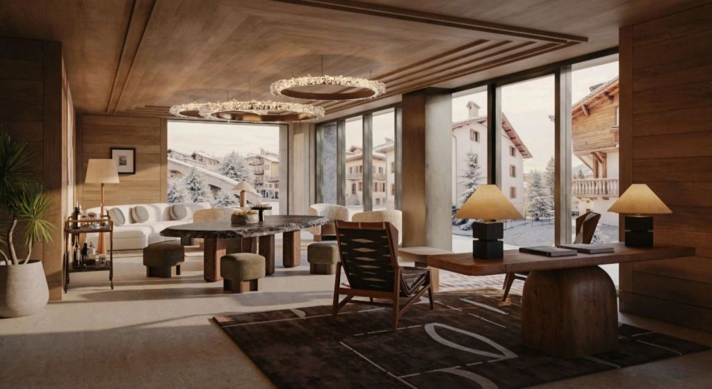Luxury hotel interior featuring a modern design with a large round table, comfortable seating, and large windows showcasing a snowy landscape outside.