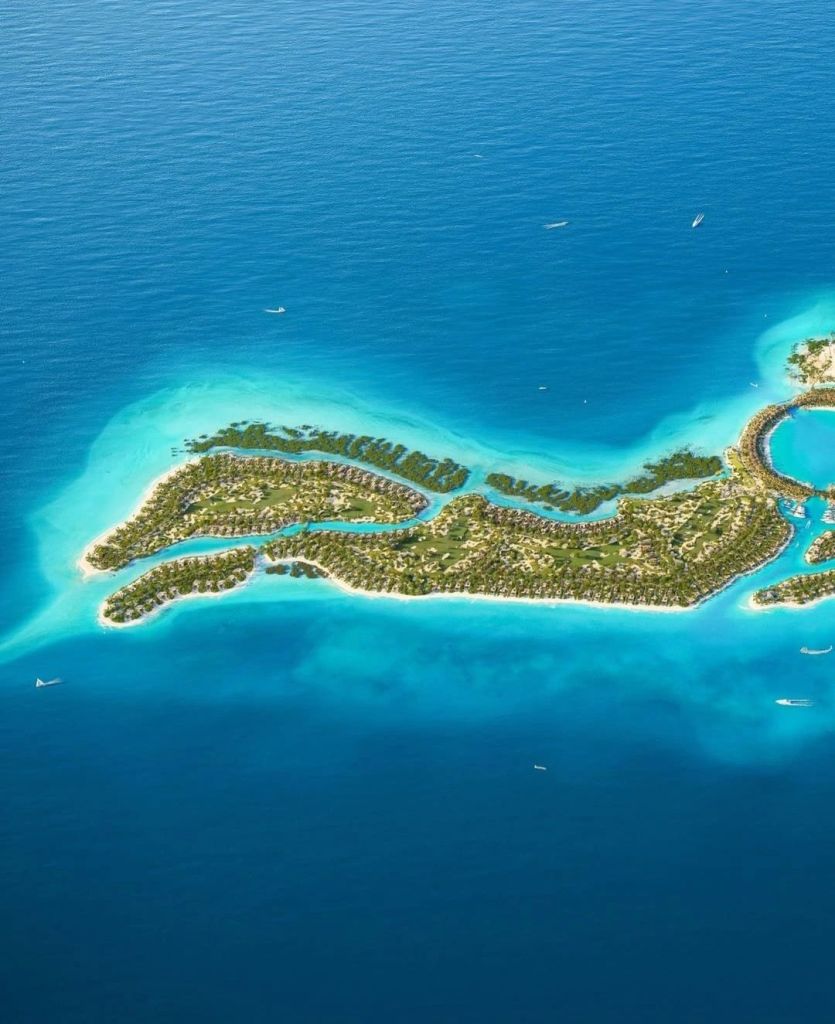 Aerial view of Laheq, a residential island development within the Red Sea, showcasing its lush greenery and resort-style living along the turquoise waters.
