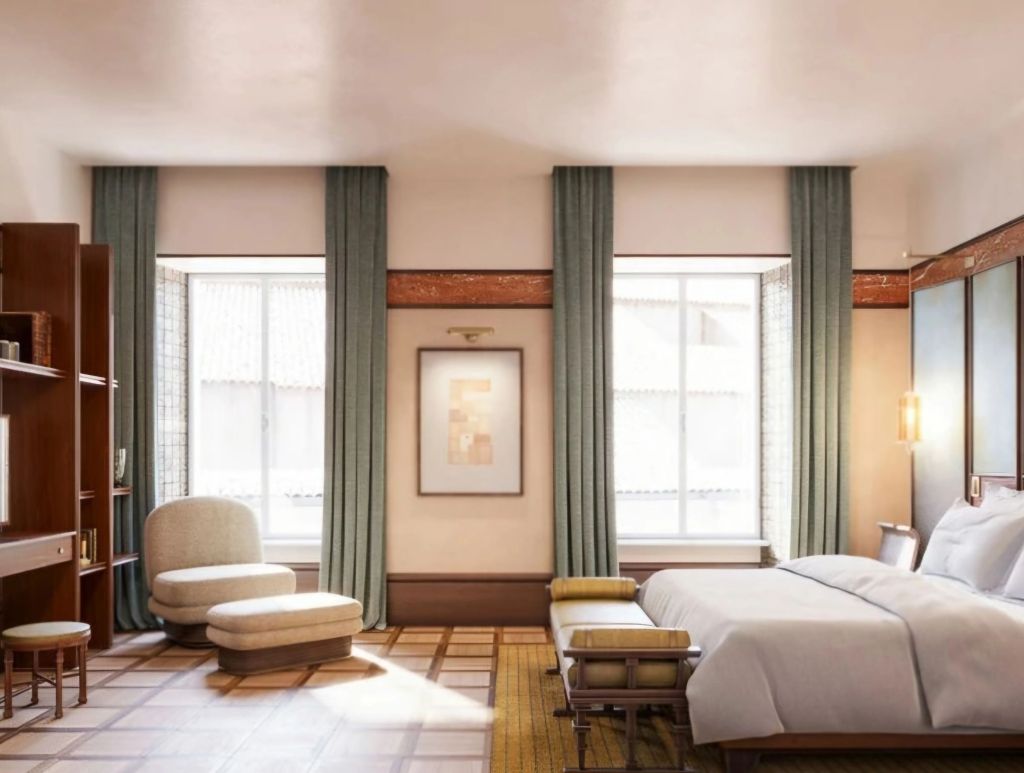 A stylish hotel room featuring a cozy seating area, large windows with green curtains, and elegant furnishings including a king-sized bed and decorative wall art, set in a refined and modern interior design.
