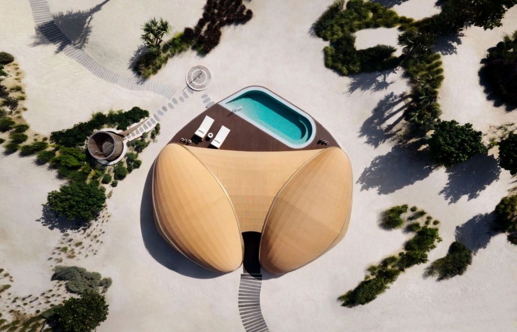 Aerial view of a modern, uniquely designed residence with an organic, shell-like shape, featuring a swimming pool and surrounded by landscaped greenery.