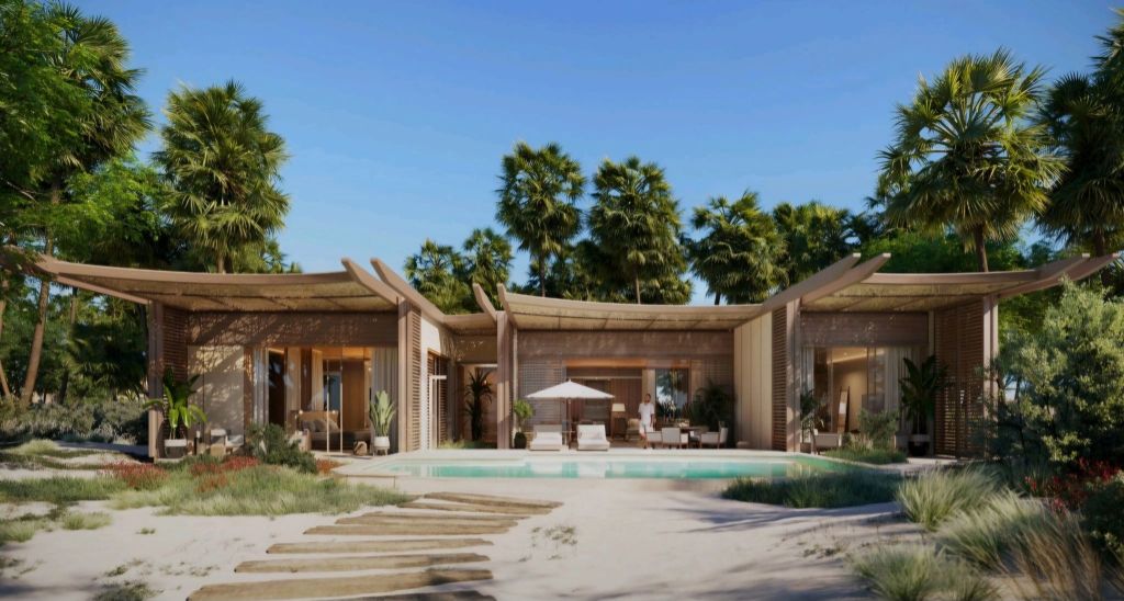 A modern luxury residence with a sleek design, surrounded by lush greenery and palm trees, featuring an outdoor pool and a patio area.