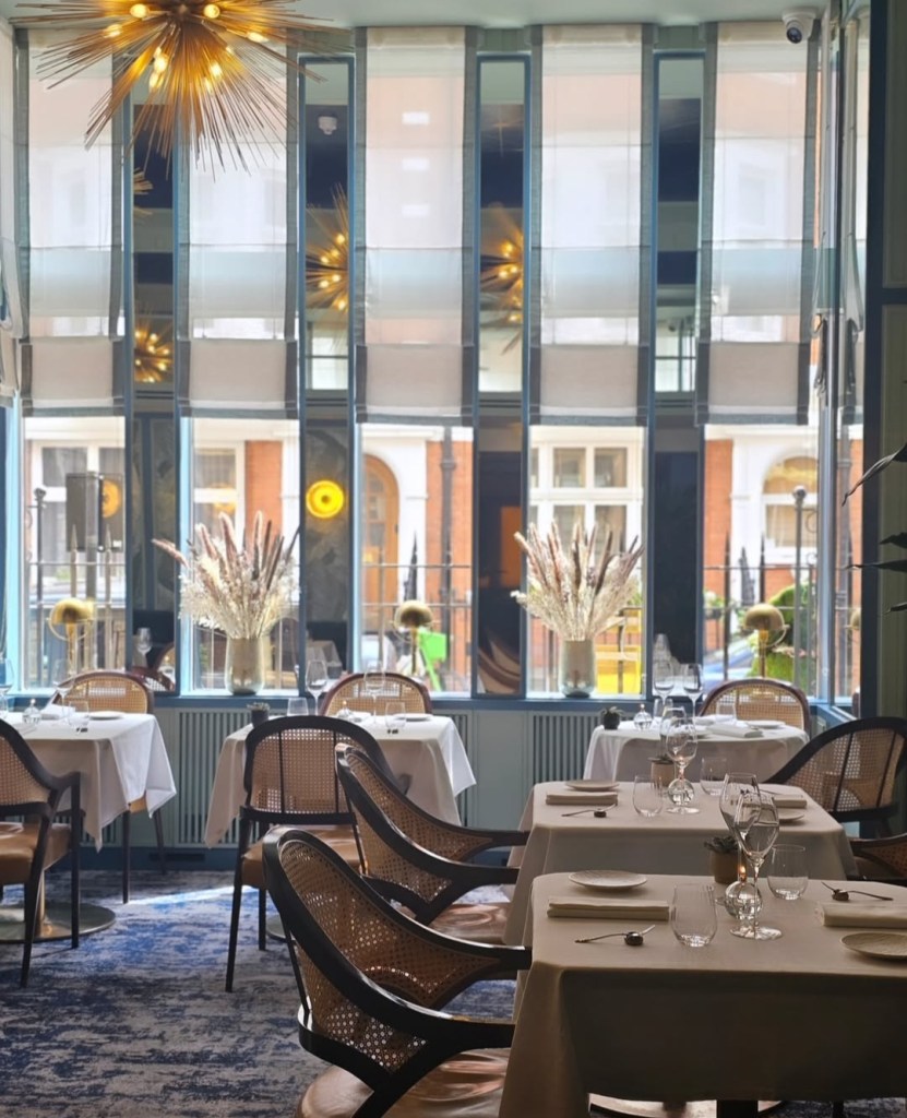 Interior view of Tom Brown at The Capital restaurant showcasing elegant dining tables, stylish chairs, and large windows with decorative plants.