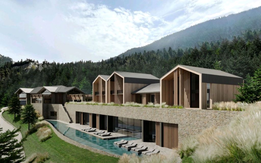 A modern mountain retreat showcasing contemporary architecture with wooden accents, large windows, and a pool, set against a backdrop of lush forests and mountains.