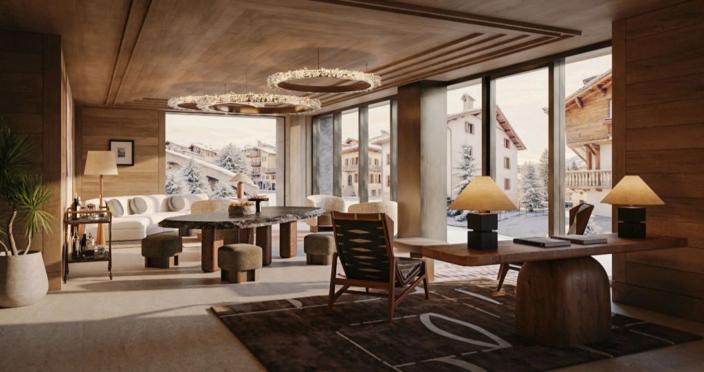 A modern luxury hotel lobby featuring wooden interiors, a large round table, stylish lighting fixtures, and expansive windows showcasing snowy mountain views.