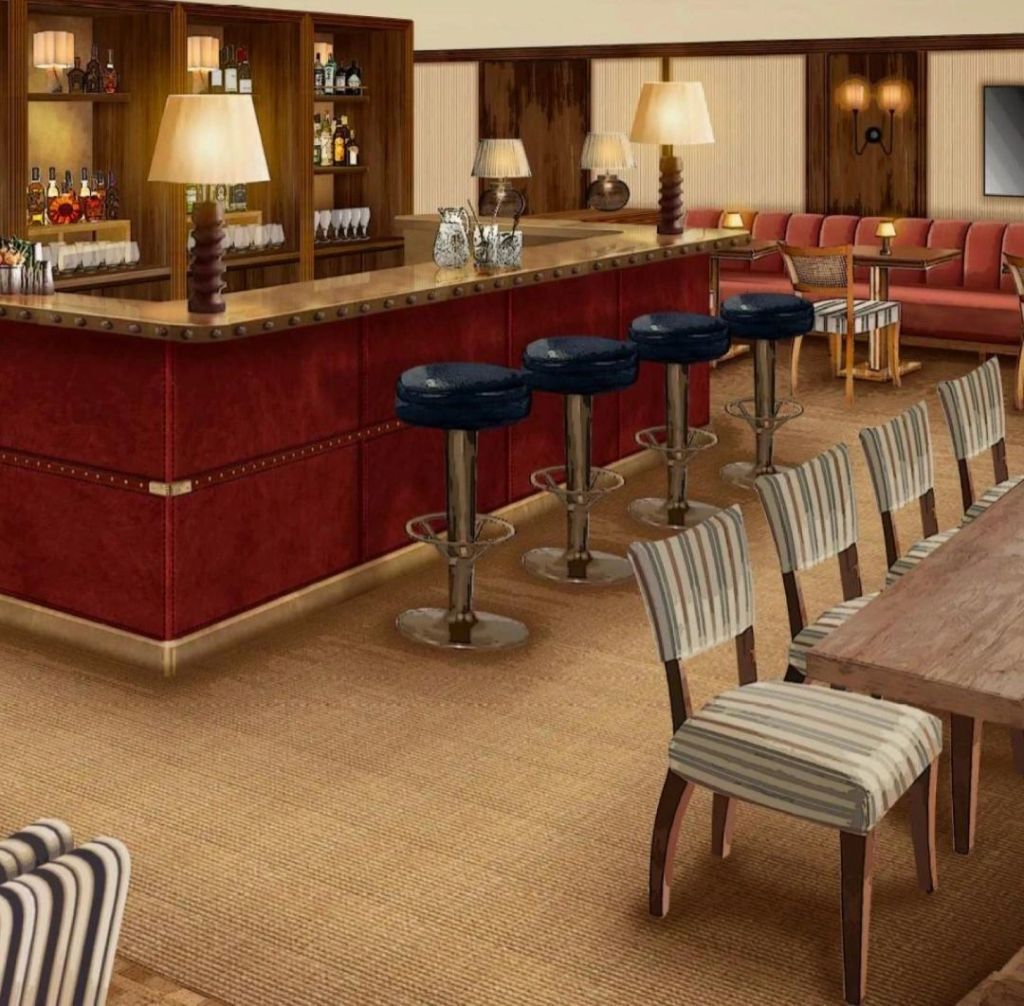 Interior view of House 44, featuring a stylish bar with red accents, upholstered stools, and a rustic wooden table, creating an inviting atmosphere.