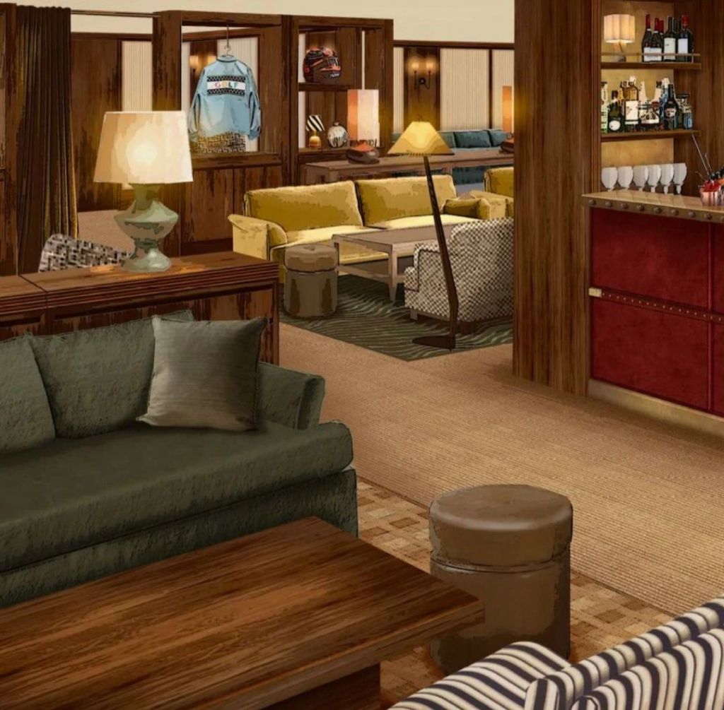 A stylish interior of House 44 featuring luxurious seating, polished wood elements, and carefully curated decor, reflecting the blend of sophistication and motorsport energy.