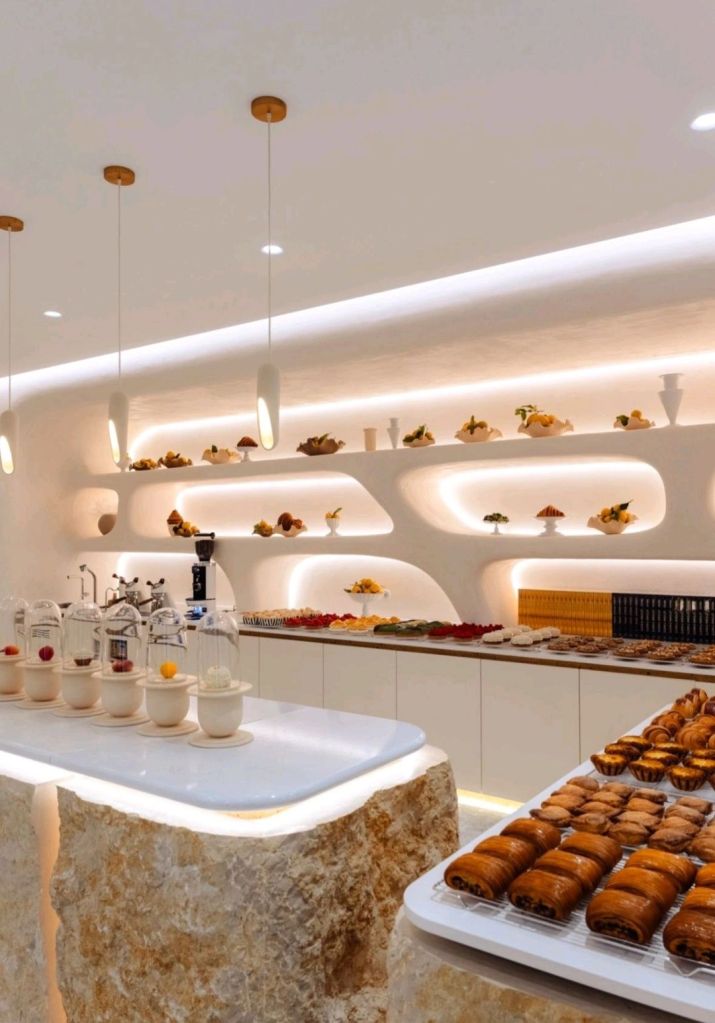 Interior view of Cedric Grolet Monte-Carlo, showcasing a modern pastry display with elegant lighting and a variety of pastries on a white countertop.