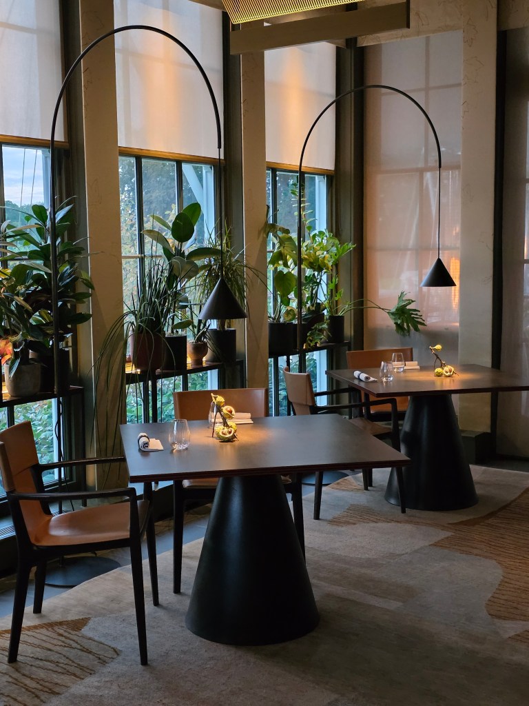 A modern dining area at Woven, featuring elegant tables, stylish chairs, and lush greenery in a well-lit space, creating a warm and inviting atmosphere.