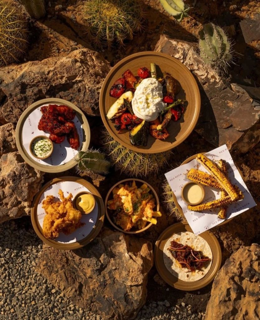 An assortment of dishes served on rustic plates, featuring grilled vegetables with a dollop of cream, spicy chicken wings with a herb dip, fried batter pieces, corn on the cob, and a tortilla filled with meat, all placed on rocky terrain alongside cacti.