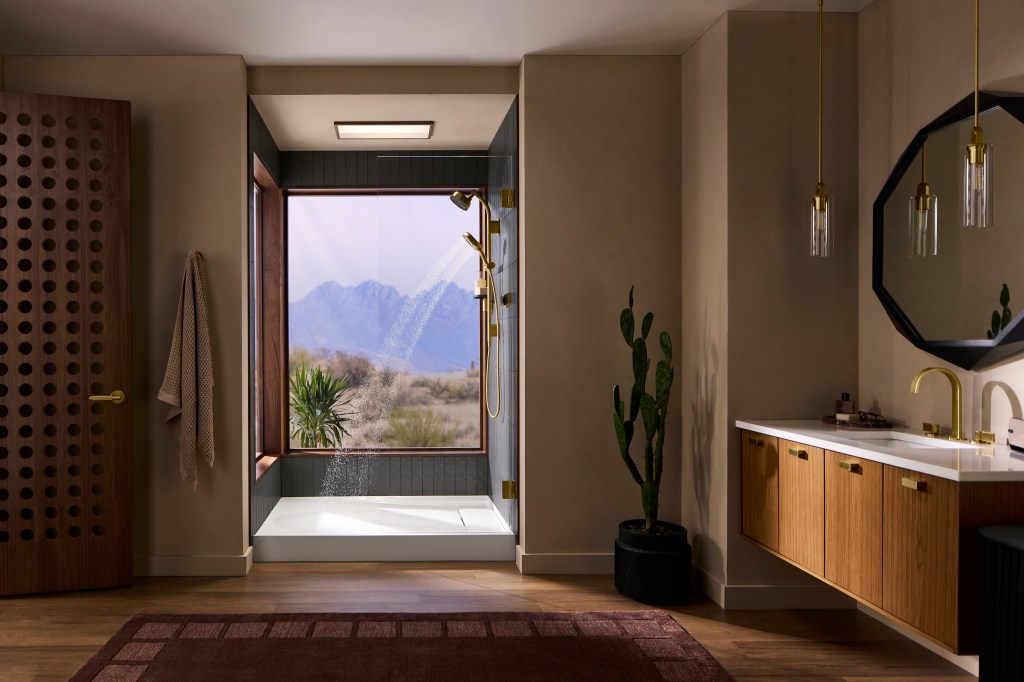 Modern bathroom featuring a large window with mountain views, a shower with a rainfall showerhead, wooden cabinetry, a cactus plant, and a plush rug.
