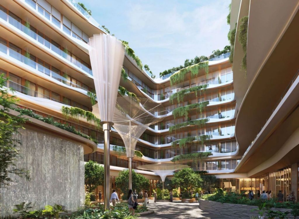 Modern architectural design of a multi-storey building featuring balconies with greenery, a central courtyard with lush landscaping, and a water feature.