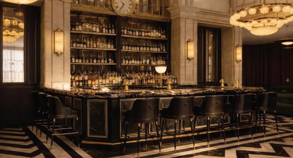 Interior of a stylish bar featuring a marble bar counter, black high chairs, and a spacious back shelf filled with an assortment of bottles. Elegant lighting fixtures and a prominent clock enhance the sophisticated atmosphere.
