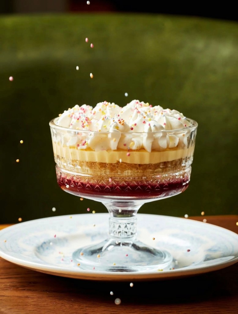 A layered dessert in a glass dish featuring whipped cream, fruit jelly, and sponge cake, decorated with colourful sprinkles, set on a decorative plate.