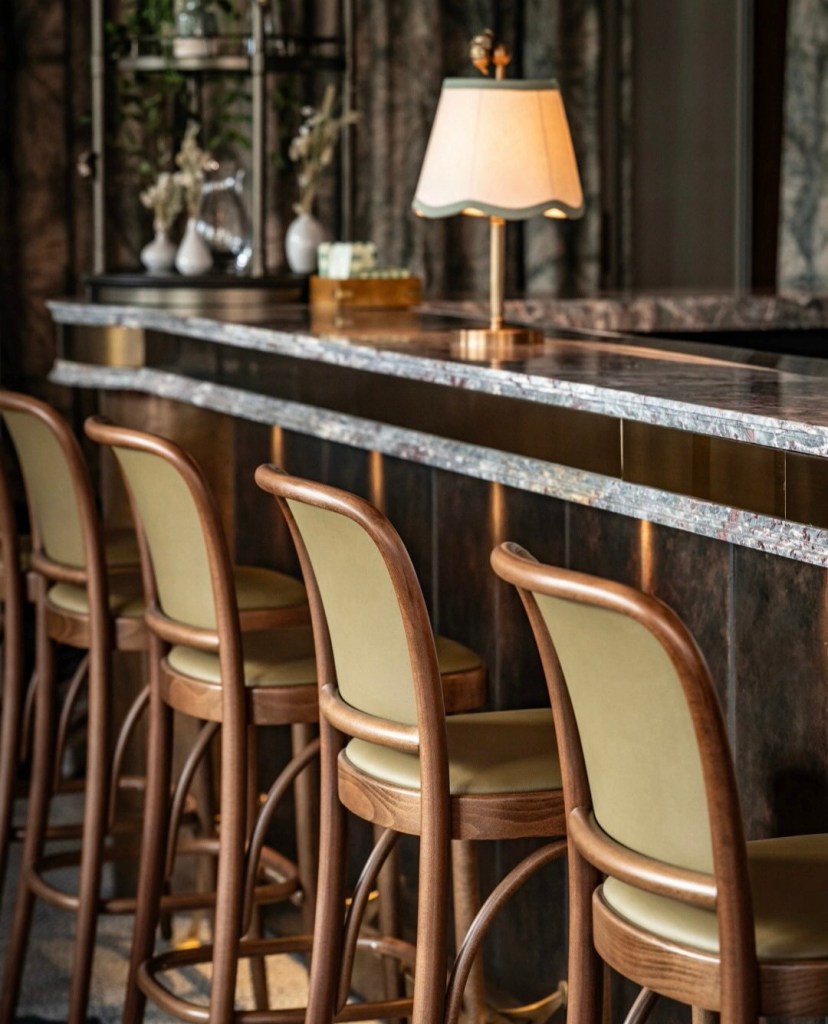 A stylish bar with wooden stools and a marble countertop, featuring a warm lamp and decorative items in the background.