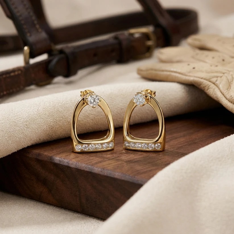 A pair of elegant gold earrings with a diamond at the top and a row of smaller diamonds along the bottom, displayed on a wooden surface with a leather strap and a glove in the background.
