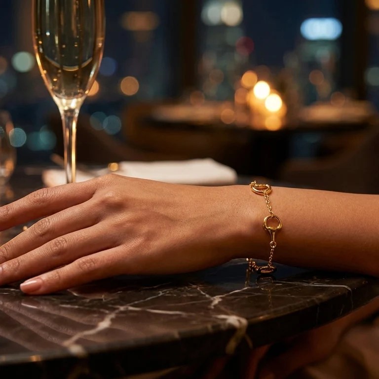 A close-up of a hand wearing a gold bracelet, resting on a dark marble table next to a glass of champagne.