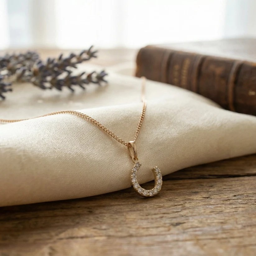 A delicate rose gold necklace with a horseshoe pendant embellished with crystals, resting on a soft, cream-coloured fabric beside a wooden surface and a vintage book.