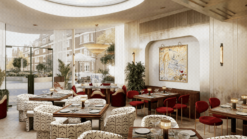 Interior of a stylish restaurant featuring elegant furniture, large windows with a view of greenery, and a decorative artwork on the wall.