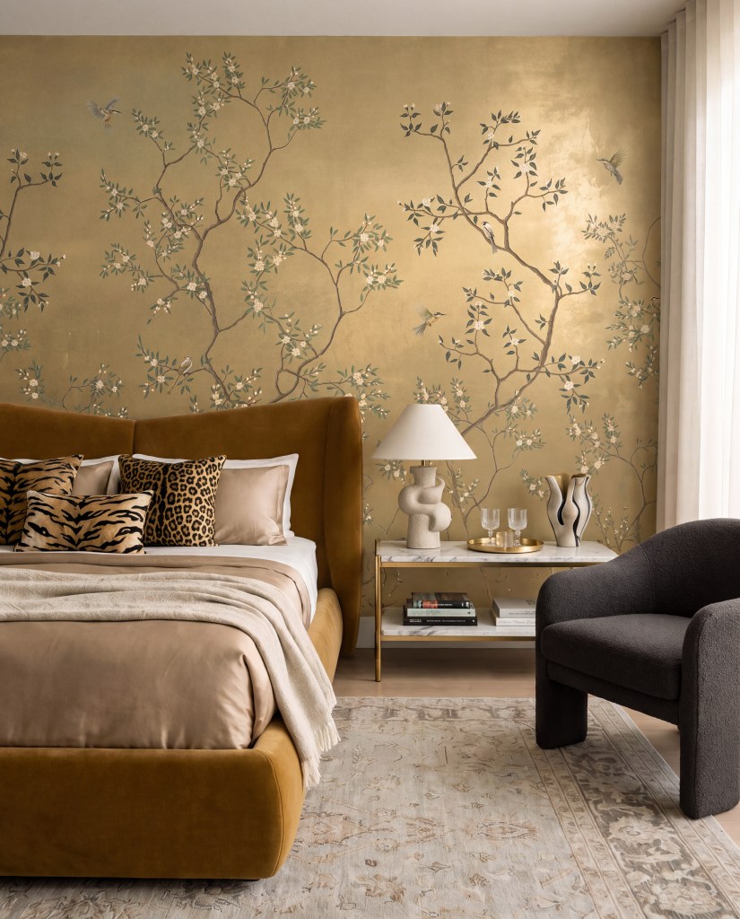 A stylish bedroom featuring a golden floral wallpaper, a large amber-coloured upholstered bed with decorative pillows, a bedside table with a lamp and accessories, and a cozy grey armchair.