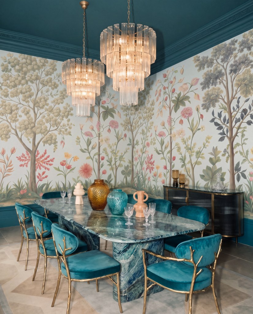 An elegant dining room featuring a large marble table surrounded by teal velvet chairs with gold accents. The walls are adorned with floral wallpaper, and two stunning crystal chandeliers hang from a teal ceiling.