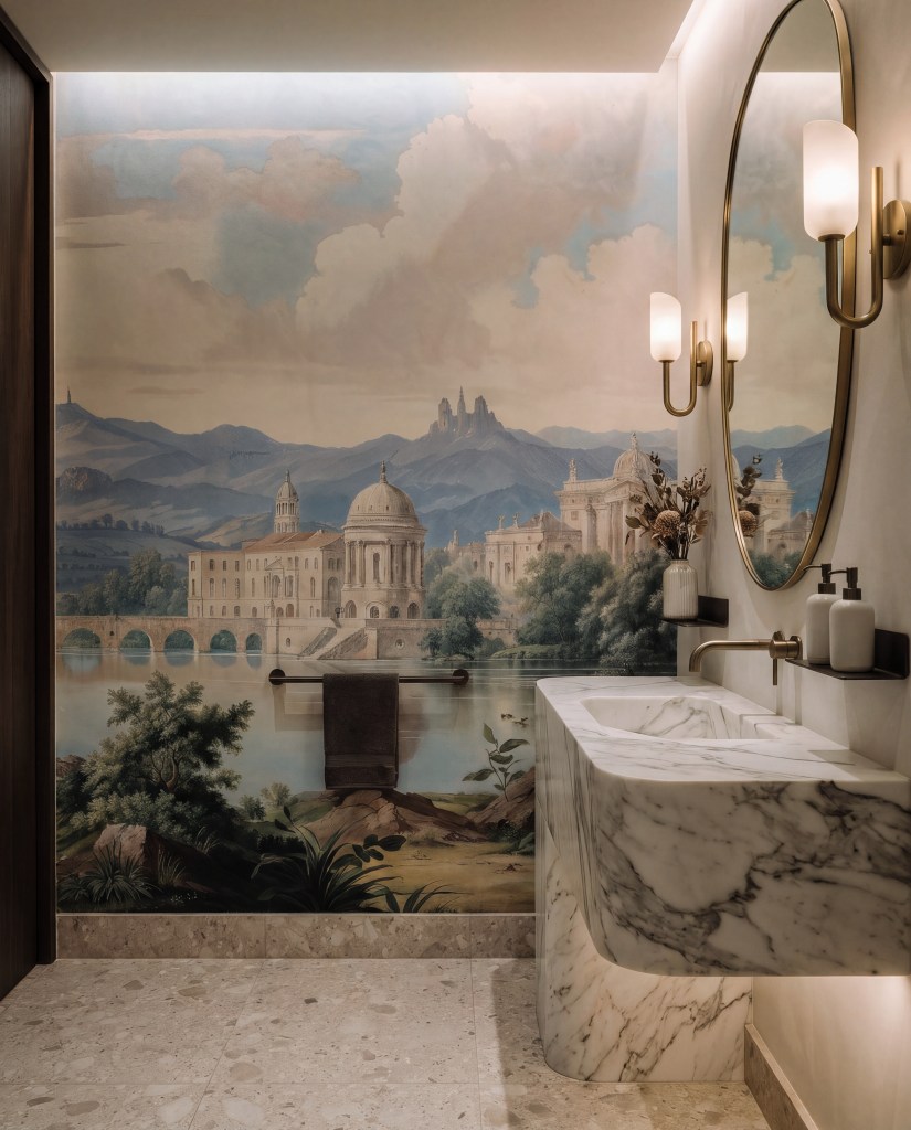 An elegant bathroom featuring a large mural depicting a scenic landscape with historical buildings and mountains, a marble sink, and stylish lighting.