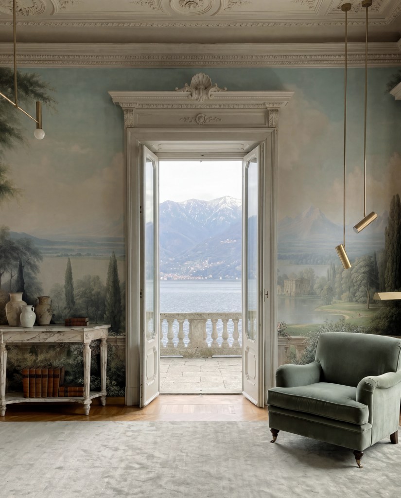 A luxurious room with a scenic mural, featuring an open door leading to a balcony with a view of mountains and lake. A vintage marble table with decorative vases and books is in the foreground, alongside a plush green armchair.