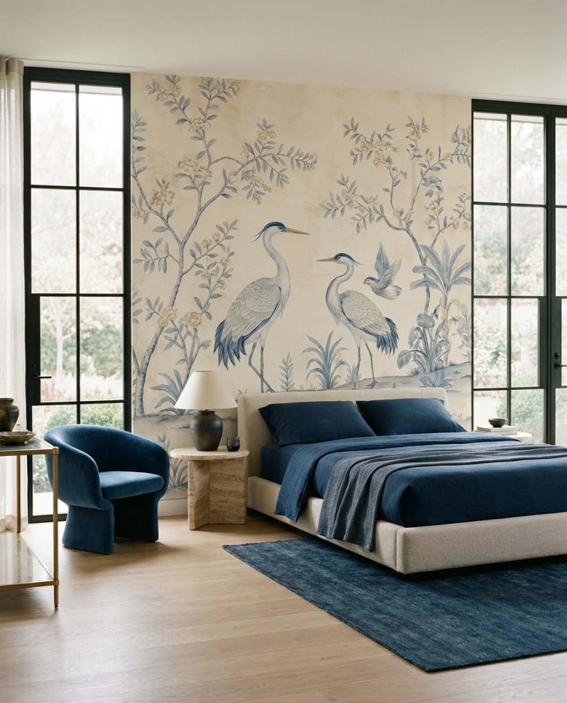 A stylish bedroom featuring a large blue mural depicting cranes and floral designs, complemented by a neutral-toned bed with blue bedding, a curved blue armchair, a side table with a lamp, and large windows allowing natural light.