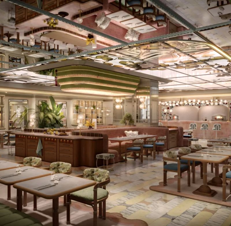 Interior of a modern restaurant featuring stylish wooden furniture, vibrant upholstery, and decorative plants, with a large green striped ceiling feature and artistic lighting.