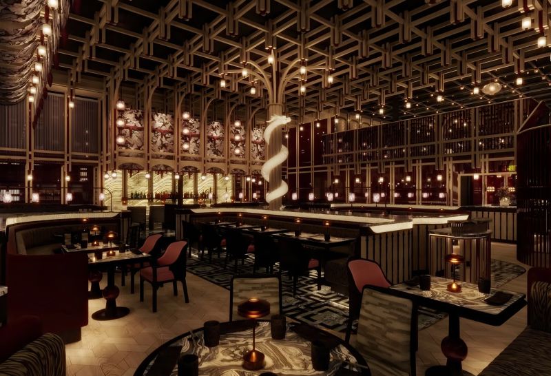 Interior of a stylish restaurant featuring elegant décor, a high ceiling with intricate woodwork, ambient lighting, and modern seating arrangements.